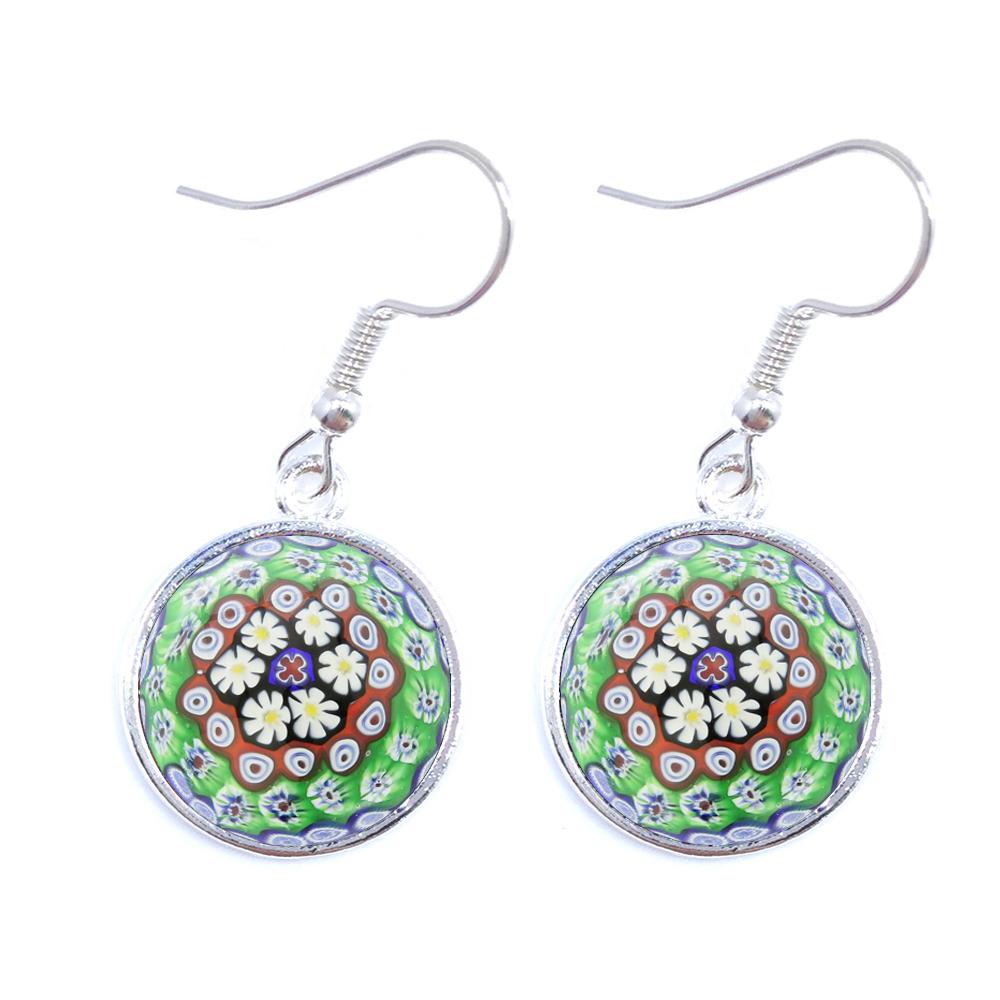 Murano Millefiori Drop Earrings MultiColour Flower 16mm Glass Cabochon Earring Jewelry For Women Girls Gift