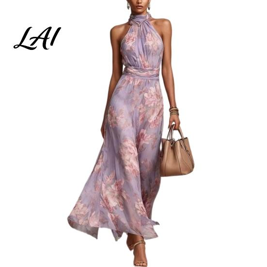Soft Texture Dress Floral Chiffon for Women Halter Sleeveless Ruched Maxi Spring Daily Wear Dress Turtle Neck Wedding Guest Cocktail Evening
