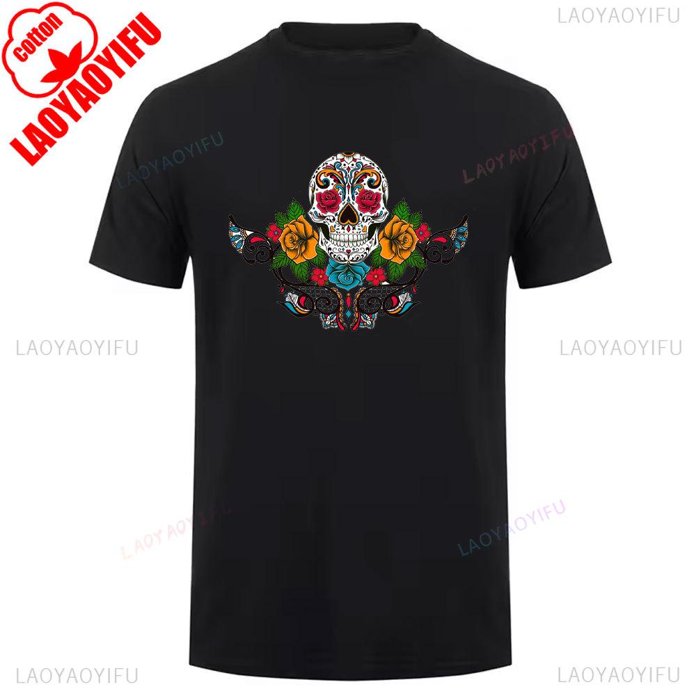 Cotton Summer Short Sleeve Mexican Skull Unisex Tee Round Neck Breathable Vintage Pattern Graphic Shortsleeved Launched Top