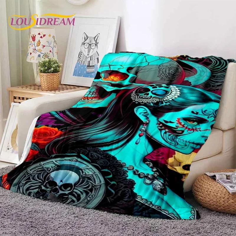 Totenkopf Totes Mädchen 3D Gothic Horror Weiblich Rose Weiche Flanelldecke für Betten Schlafzimmer Sofa Picknick, Überwurfdecke zum Zudecken Freizeit