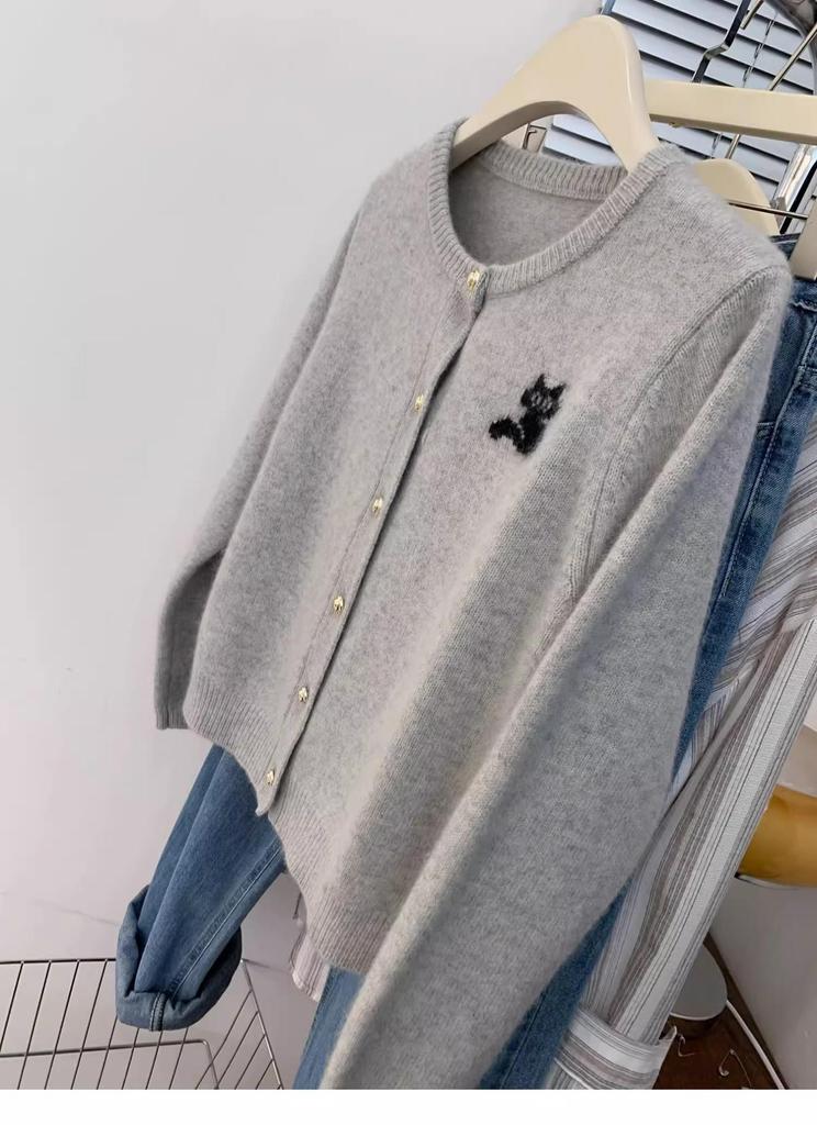 Women's Black Cat Embroidered Grey Merino Wool Cardigan Sweater