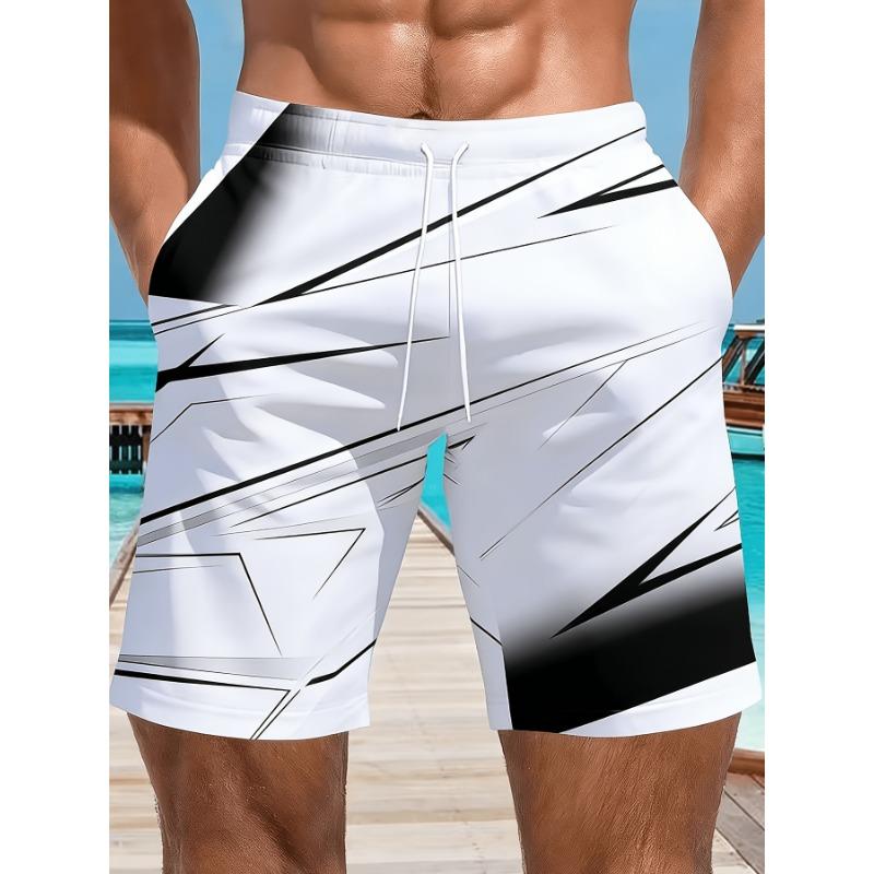 Summer Loose Casual Shorts Men's Versatile Breathable Sports Five Quarter Pants, Geometric Lightning Pattern Print, Swim Trunks