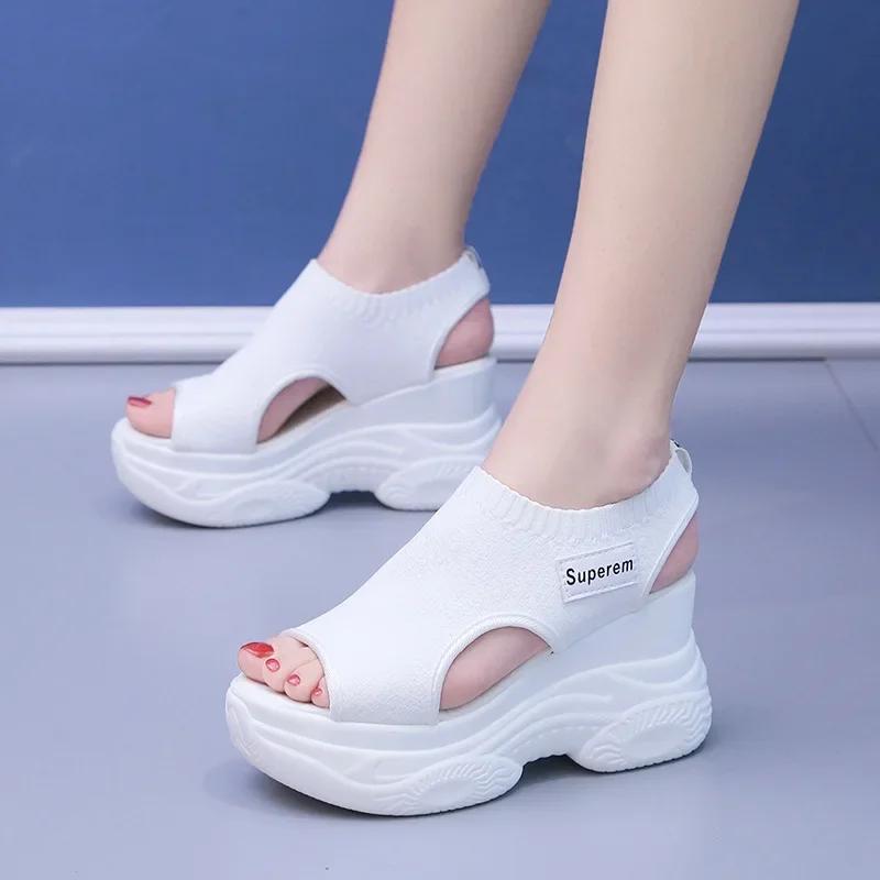 Fashion Sandals Women Summer Korean Version Fish Mouth Shoes Fashion Knitting Mesh Breathable Wedge Platform Sport Sandals Shoes Casual