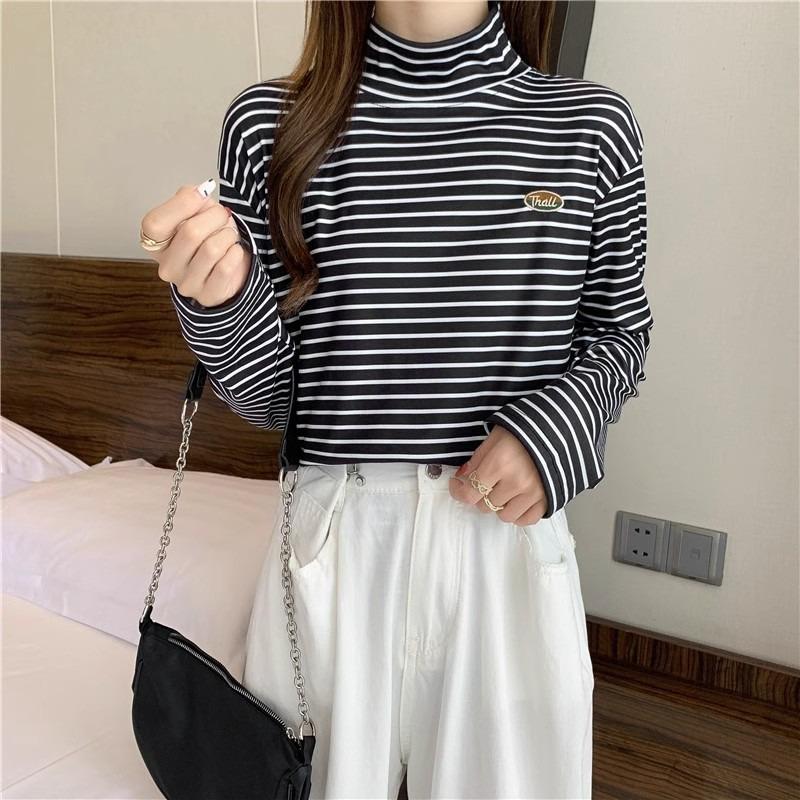 

Real shot striped bottoming shirt women s inner wear winter German velvet thermal top loose velvet long-sleeved T-shirt XL чорний