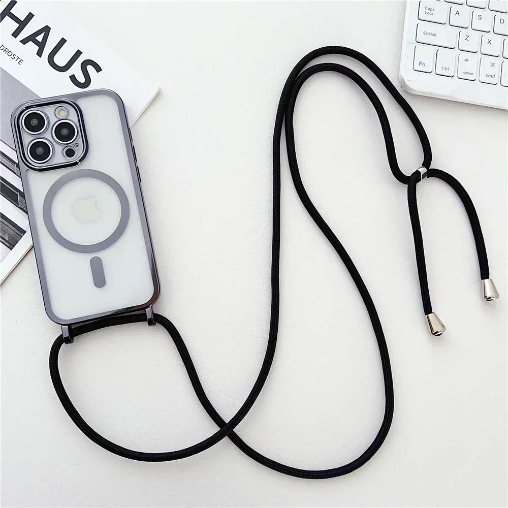 Crossboby Lanyard Plating Clear Phone Case For iPhone 16E 16 15 14 13 12 Pro Max For Magsafe Magnetic Necklace Cord Rope Cover
