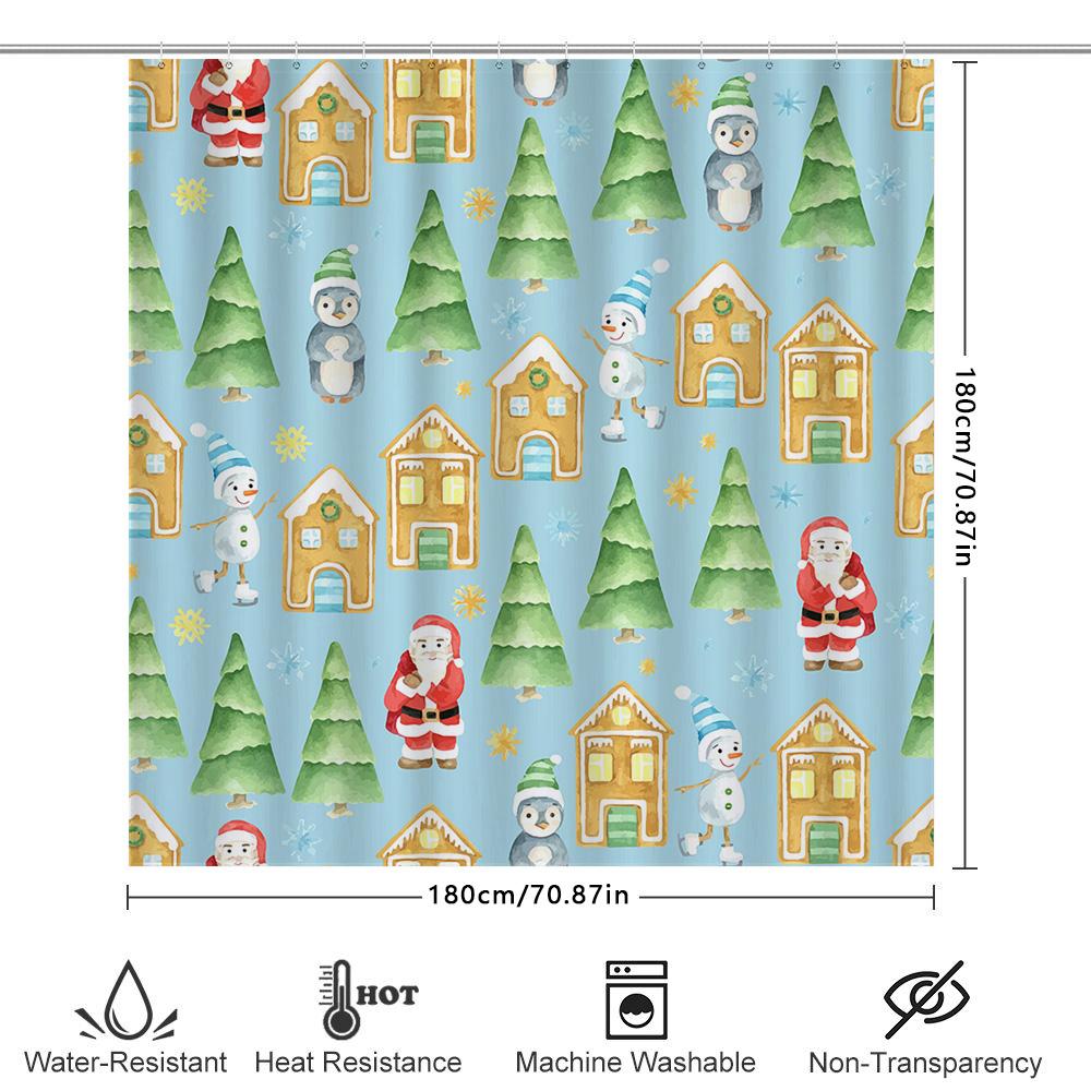 Christmas Shower Curtain With Festive Print Waterproof Fabric, Santa Claus Snowman Design For Bathroom Decorations In Multicolor