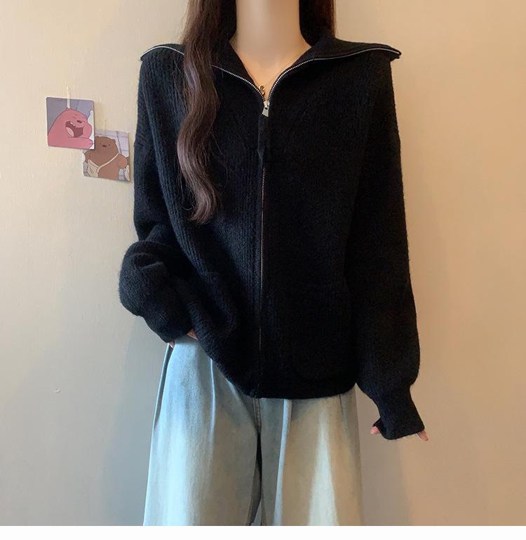 Women's Plus Size Grey Knit Zipper Lapel Cardigan