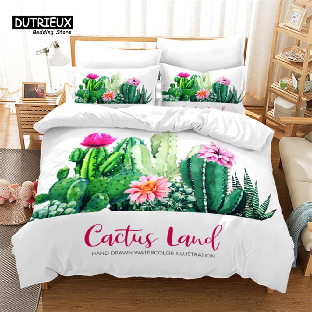 Chic Cactus Bedding Set Queen For Kids Teen Decor Cartoon Green Plants Succulents Duvet Cover Nature Art Floral Comforter Cover