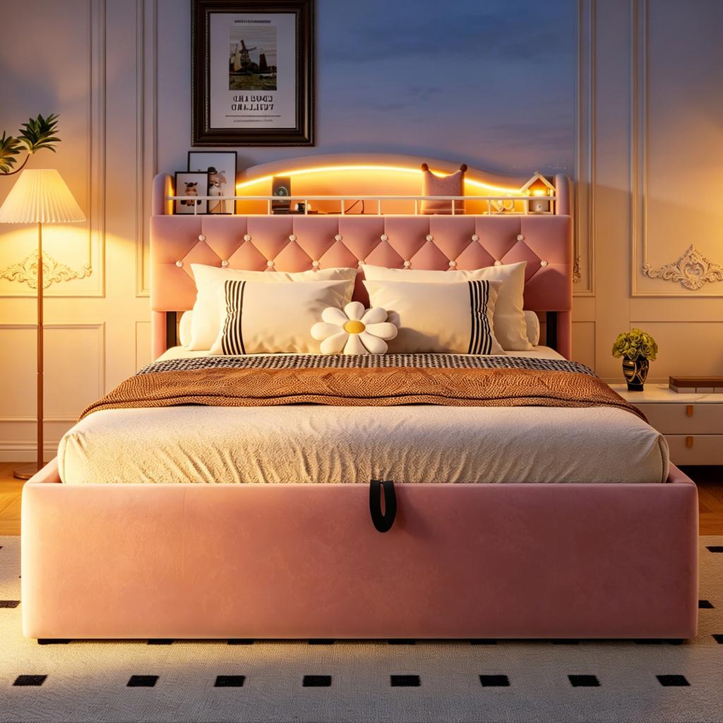 Upholstered bed 140 x 200 cm, hydraulic storage, velvet cover, LED headboard light, USB & USB-C charging, headboard storage, metal bed base, pink