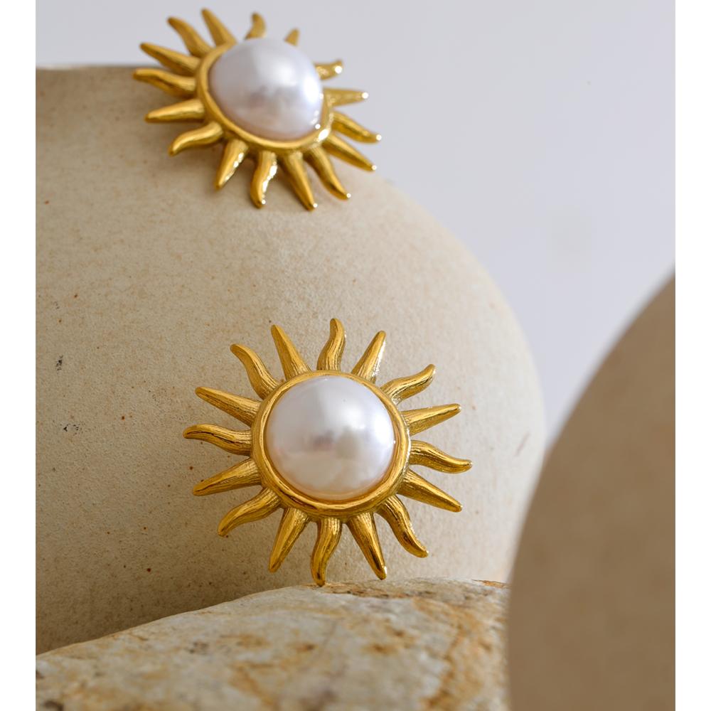 Eetit Stainless Steel Simulated Pearls Sun Stud Earrings 18K Golden PVD Plated Trending Statement Jewelry Gift Prevent Allergy