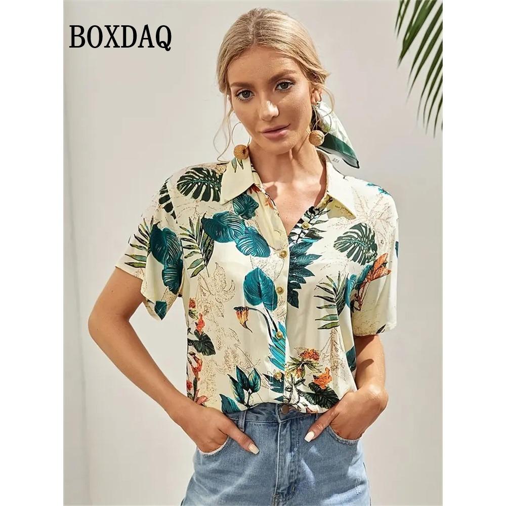 Women's Blouse Short Sleeve Printed Shirts Summer Beach Hawaiian Holidays Lapel Button Casual Fashion Cardigan Blouse Tops