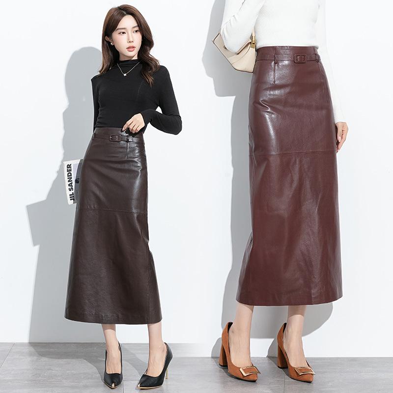 2025 Autumn/Winter Women's High-Waisted Lambskin Leather Midi Skirt - Elegant and Versatile Design
