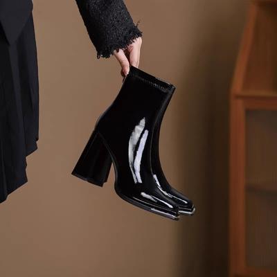 Mode Luxe Femmes Bottes Mode Bout Carré Cuir Verni Bottes Fermeture Éclair Latérale Bottines pour Femmes Cuir Daim Bottes à Talons Hauts Botas