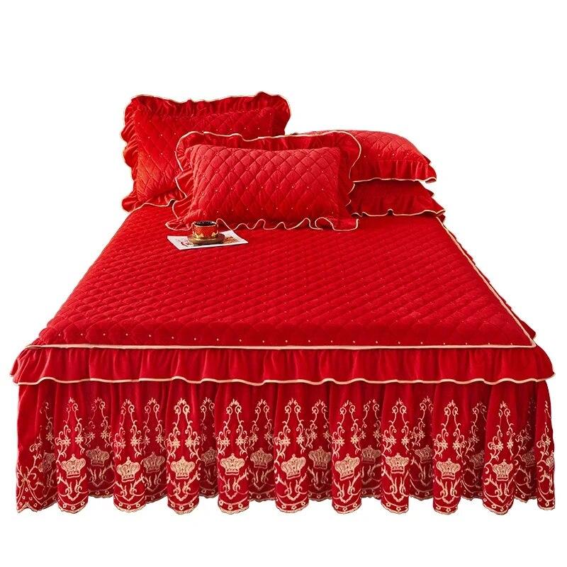 Colcha de cama de veludo europeia king size queen conjunto de luxo bordado saia de cama macia com 2 fronhas dropshipping