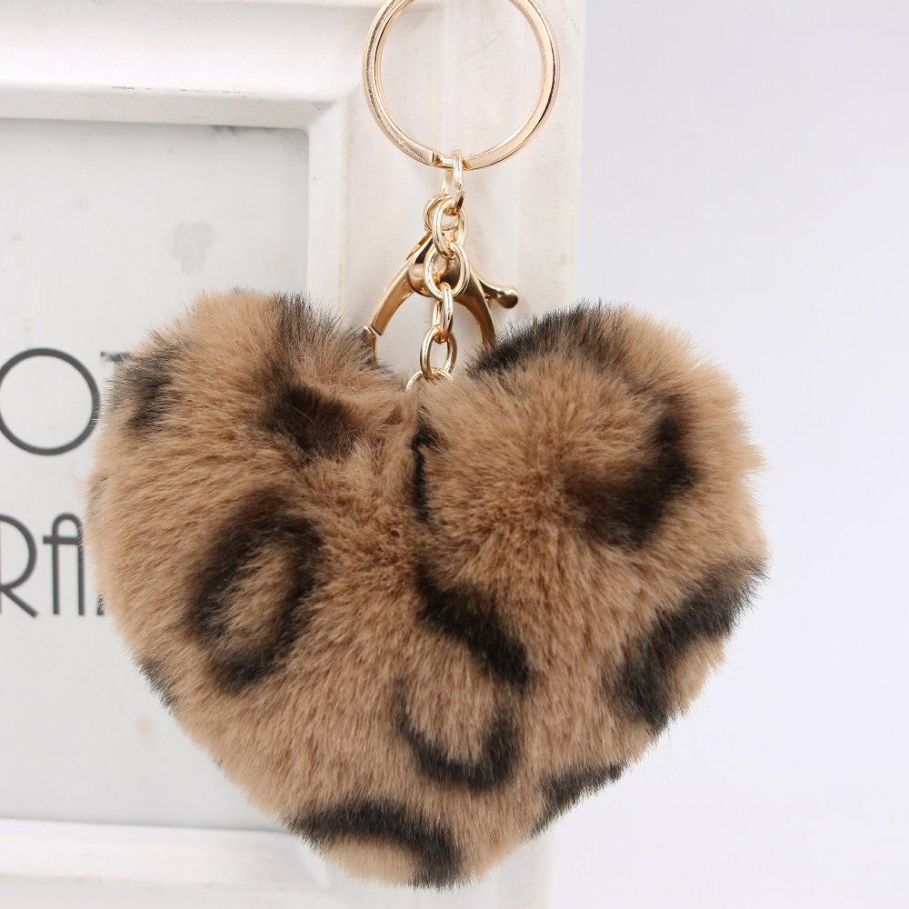 Fashion Leopard Fluffy Ball Key Chain Fur Plush Love Heart Keychain Car Key Ring Bag Pendant Jewelry Accessories Gift