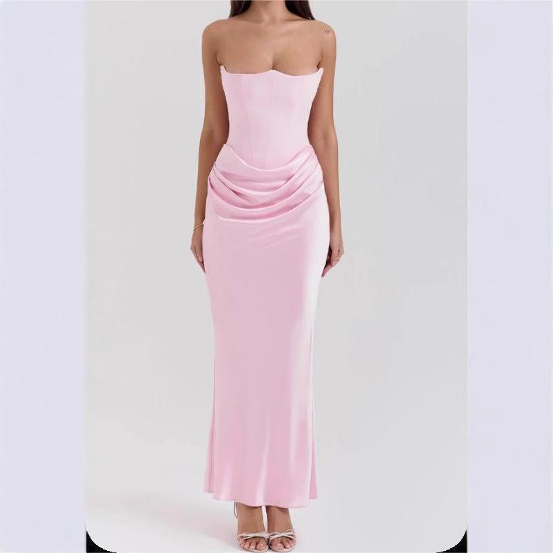 women's Solid Color Strapless Ruched Bodycon Maxi Dress Sexy Sleeveless Evening Party Mermaid Gown