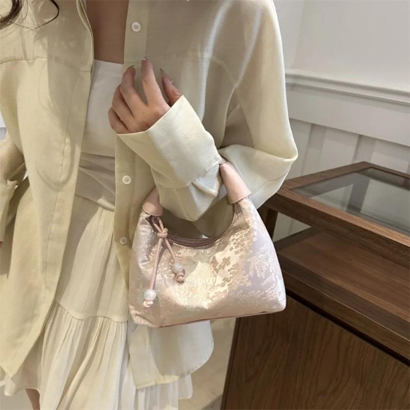 Sweet Elegant Embroidery Shoulder Bag Nylon Texture Pearl Pendant Crossbody Purse Small Bucket Handbag Women Fashion Accessory