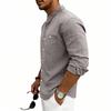 Mens Striped Linen Blend Stand Collar Long Sleeve Casual Shirt With Pockets