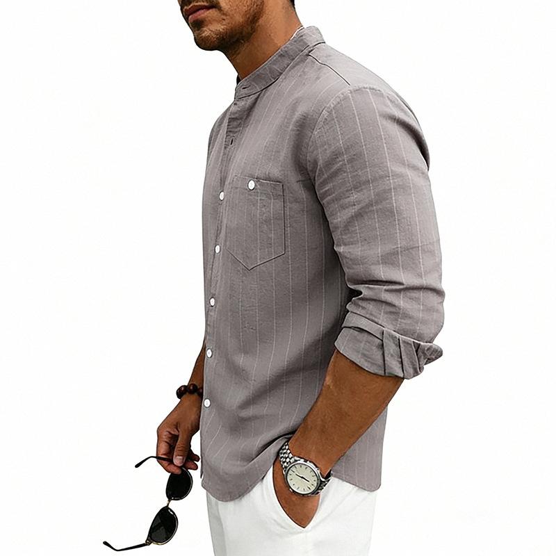 Mens Striped Linen Blend Stand Collar Long Sleeve Casual Shirt With Pockets