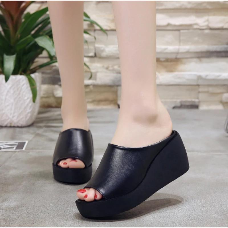 Slippers for Women Summer Open-toe Platform Sandals Lightweight Pu Leather Slipper Womens Mules Slippers Fashion Wedges Slippers