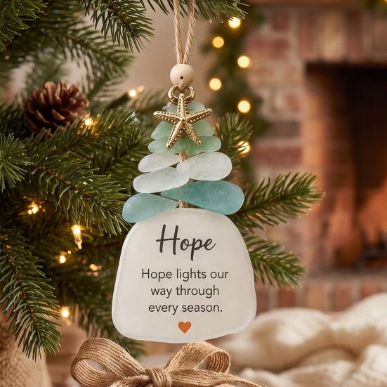 Christmas Tree Decor Sea Glass Ornament, Seaglass Art Hanging with Starfish Charm, Acrylic Ornaments Peace Love Joy Faith Family Friends Hope Pendant