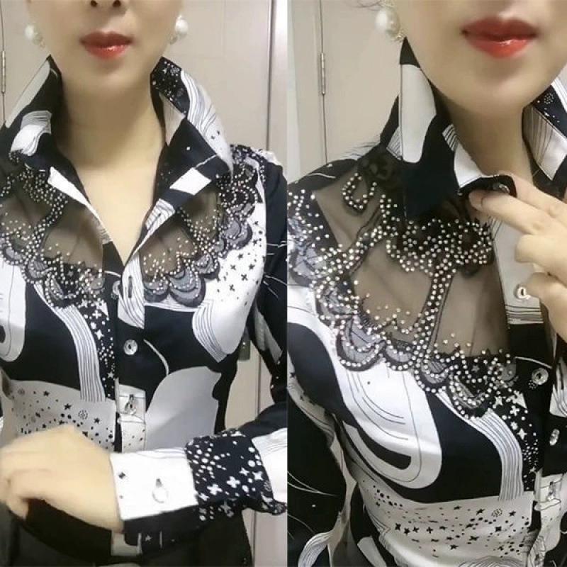 Women'S Blouse Tops Summer Lace Chiffon Shirts Lapel Stitching Printing Buttons Female Blusas Offce Lady Shirts Chemises Fleurs