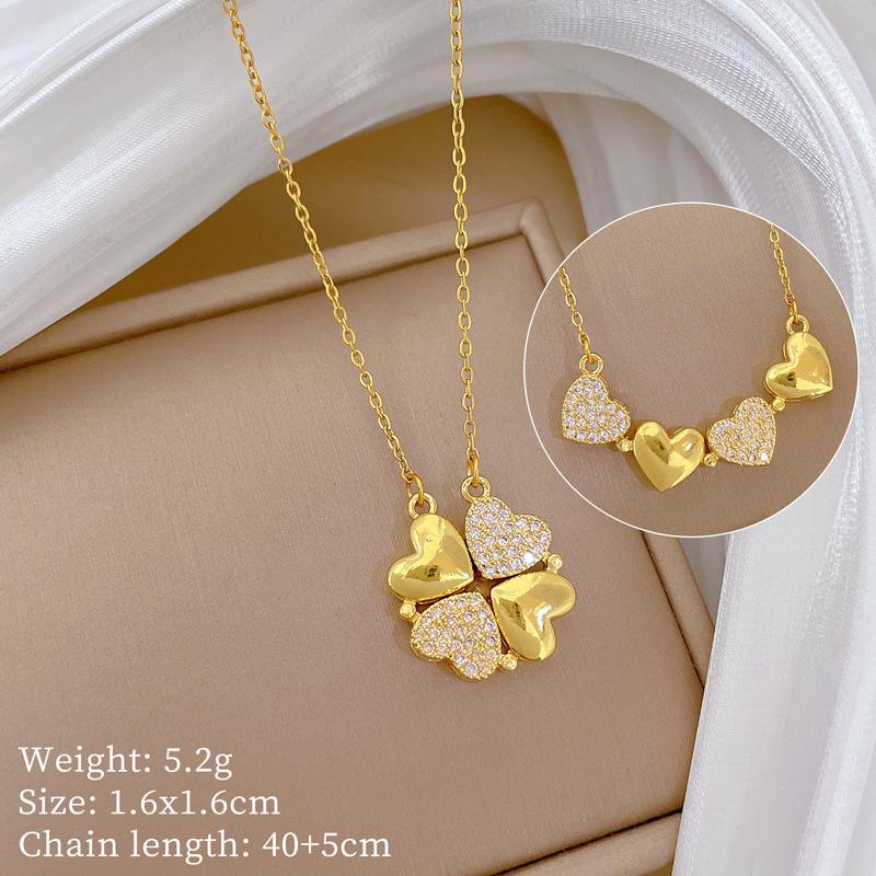 Versatile Titanium Steel Women's Necklace: Heart-to-Heart Two-Way Four-Leaf Clover Clavicle Chain with Full Diamonds