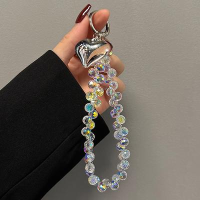 Luxury Bling Crystal Love Heart Pendant Beaded Strap For iPhone Bag Key Bag Girl Phone Chain Bracelet Hanging Ring Cord Jewelry