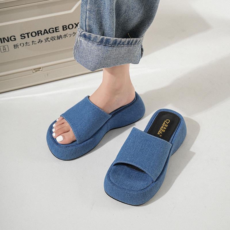 2025 New summer denim blue platform slippers women open toe thick high heels slides shoes female jeans flip flops sandalias