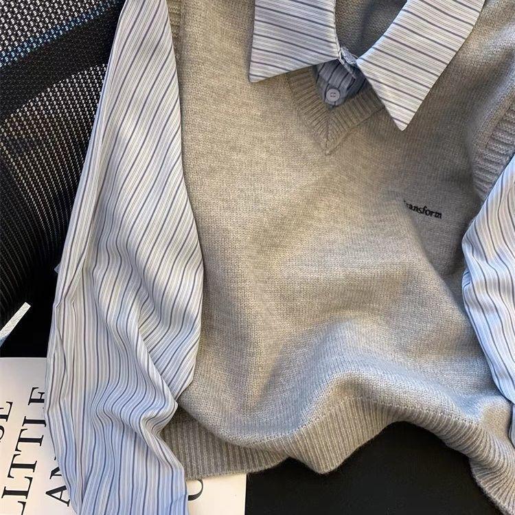 Women's Korean Style Gray Sweater Vest with Striped Faux Two-Piece Shirt