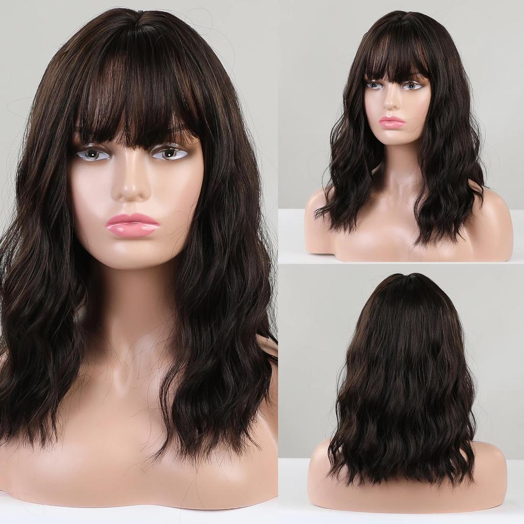 Short Straight Bob Synthetic Wigs with Bangs for Women Brown To Blonde Wig Cosplay Party Daily Heat Resistant Fiber Hair
