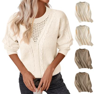 Ladies' Casual Solid Color Hollow Retro Twisted Knitted Long Sleeved Sweater
