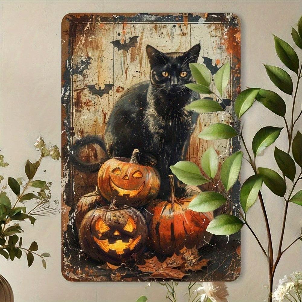 Vintage Halloween Ghost Pumpkin Cat Metal Tin Sign Retro Home Decor