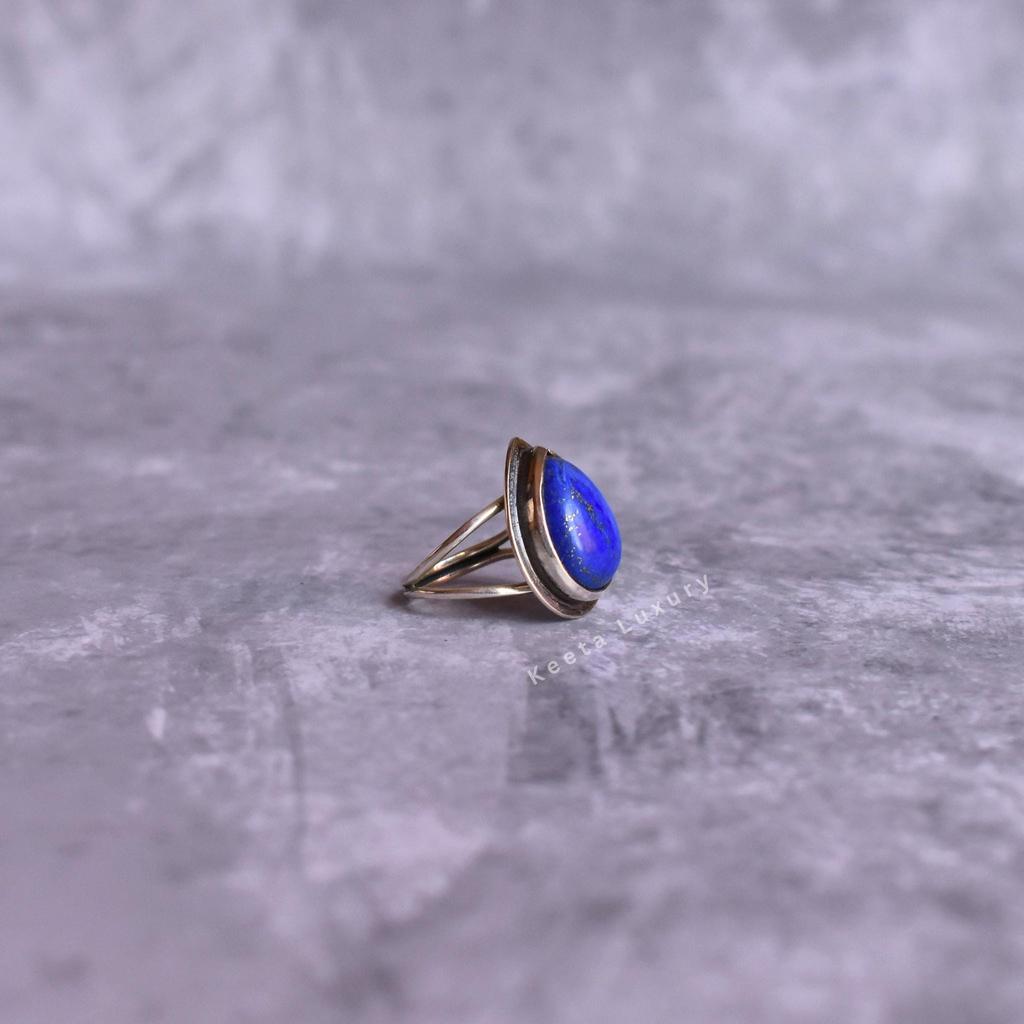 Natural Lapis Lazuli teardrop bohemian ring Silver oxidized handmade jewelry women pear cut blue stone Healing crystals statement jewelry