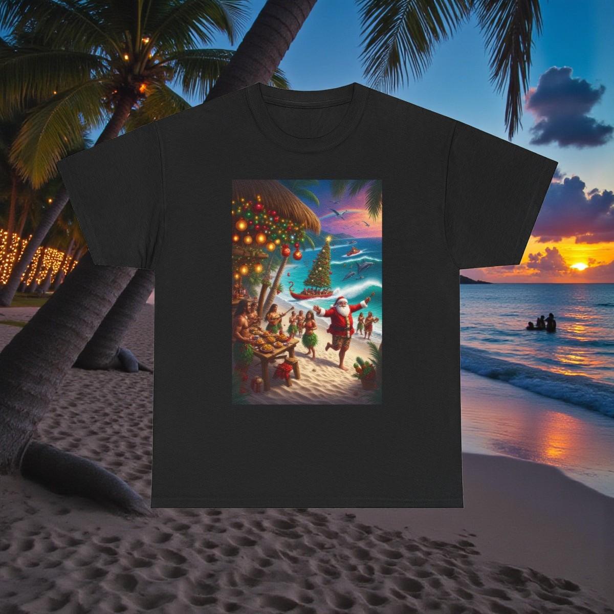 Tropical Santa Claus Beach Scene T-Shirt | Christmas island Holiday Tee XL