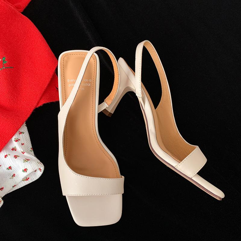 Silver First Layer Cowhide French Square Head Thin Heel Summer New Back Strap High Heel Simple Temperament Open-toed Sandals Women