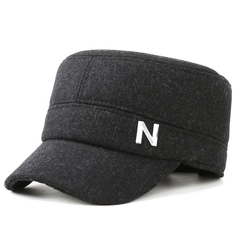 Autumn and winter new men's winter middle-aged flat-top hat, ear protectors to keep warm, elderly people with alphabet woolen thickened dad hat