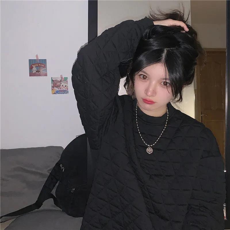 Women's Korean Style Quilted Cotton Sweatshirt - Thickened, Loose Fit, Autumn/Winter Solid Color Bubble Air Top Jacket