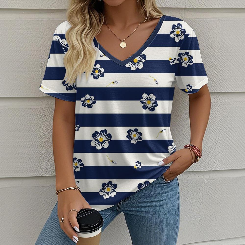 Women's T-Shirt Stripes And Floral Graphics Retro Fashion Classic Casual Short-Sleeved Oversized V-Neck Summer Women's Clothing
