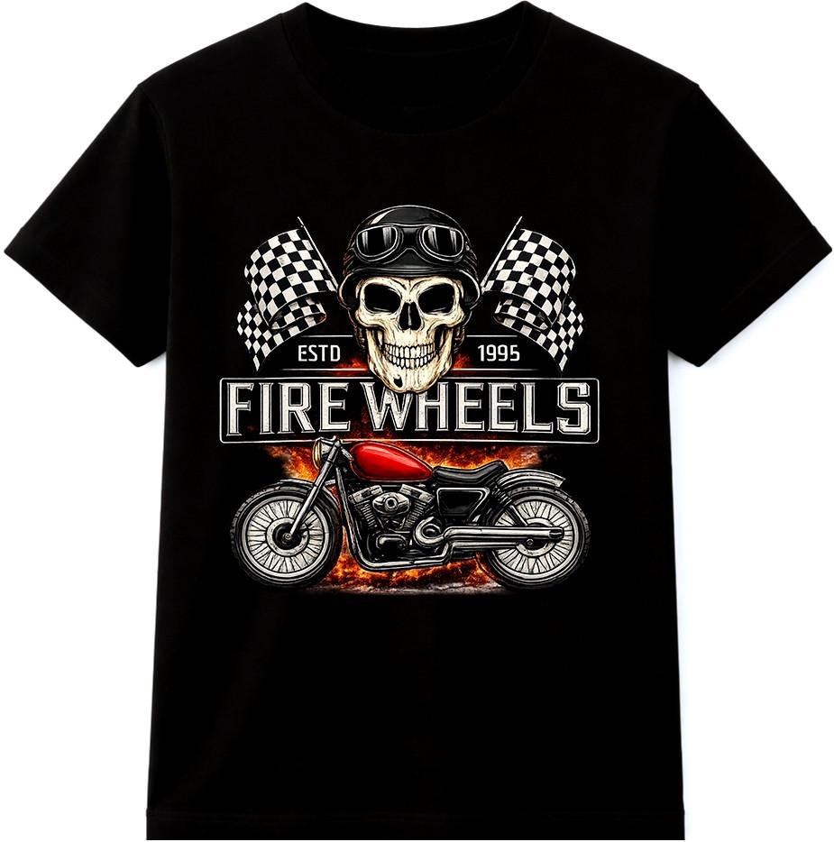 Motorcycle T Shirt Fire Wheels Skull Rider Biker Vintage Racing Graphic Tee S разноцветный