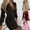 Wish Autumn Collar Solid Color Hip Wrap Long Sleeve Medium and Long Shirt Dress Women