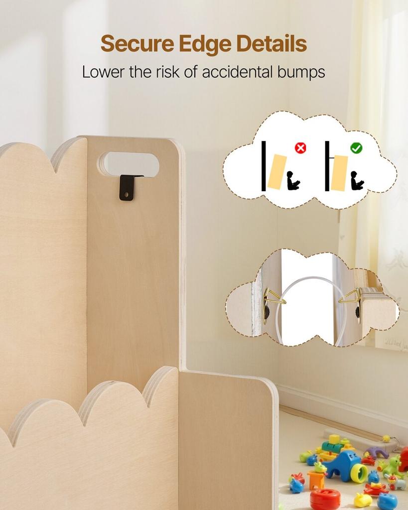 Montessori Bookshelf, 3-Tier Scalloped Kids Bookshelf, Front Facing Toddler Bookcase, Dual Hooks for Hanging Backpacks, Baby Bookshelf for Kids Room,