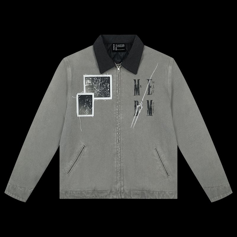 

Medmxeva Co-Branded Patchwork Washed Detroit Jacket Trendy Brand Quilted American Short Casual Jacket for Men Spring and Autumn Gray 2XL