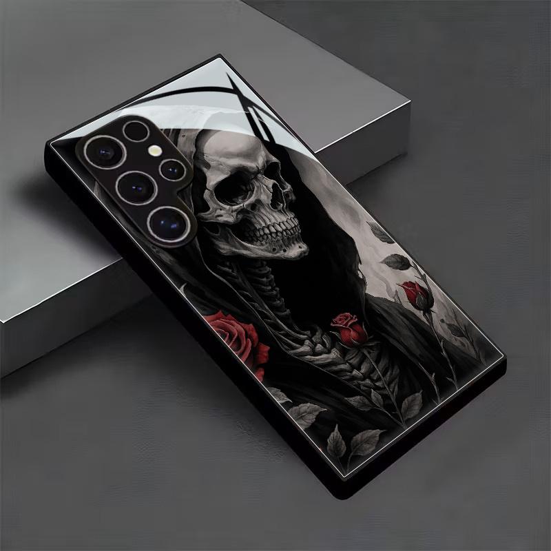 Skull Rose Pattern Glass Phone Case Suitable for Samsung Galaxy S26 S25 S24 S23 S22 S20 FE/Ultra/Plus Anti Drop Back Cover