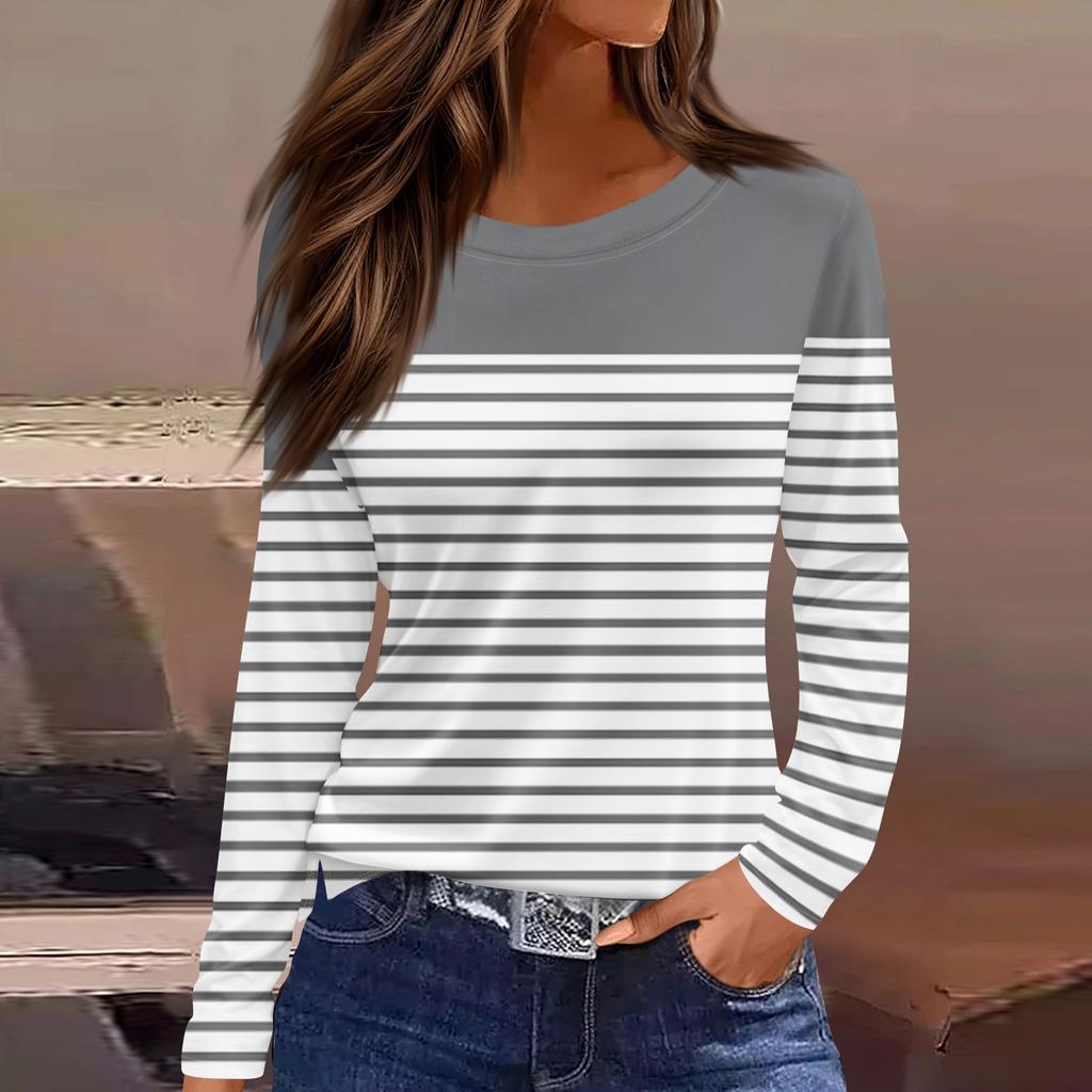 Women's Fashion Casual Slit Hem Round Neck Long Sleeve Loose  Printed T-Shirt Ladies Top