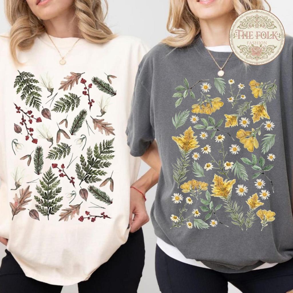 Four Seasons Botanical Shirt, Aesthetic Spring Summer Autumn Winter Tee, Nature Lover Gift,Comfort Colors Wildflower Mushroom Pinecone Shirt