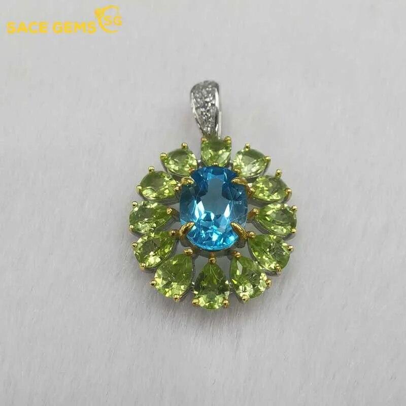 Sace Gems Anhänger für Damen, 925er Sterlingsilber, natürlicher Schweizer Blautopas und Peridot, Halskette, edler Schmuck, Geschenke