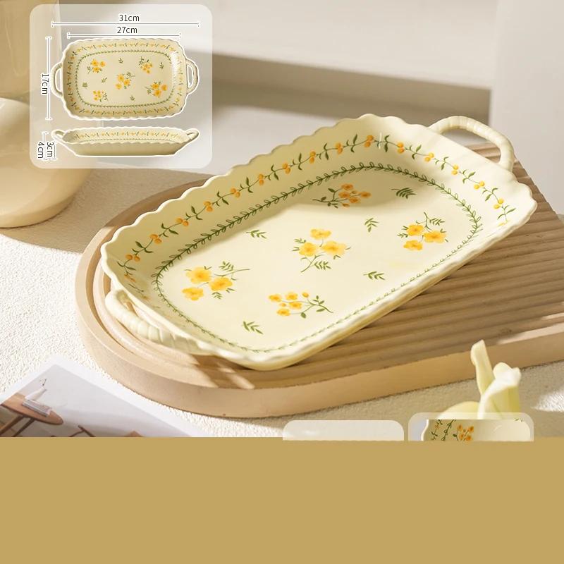 Circular Small Flowers Ceramic Plate Home Afternoon Tea Dessert Baking Plates Exquisite Breakfast Salad Plate Creative Tableware