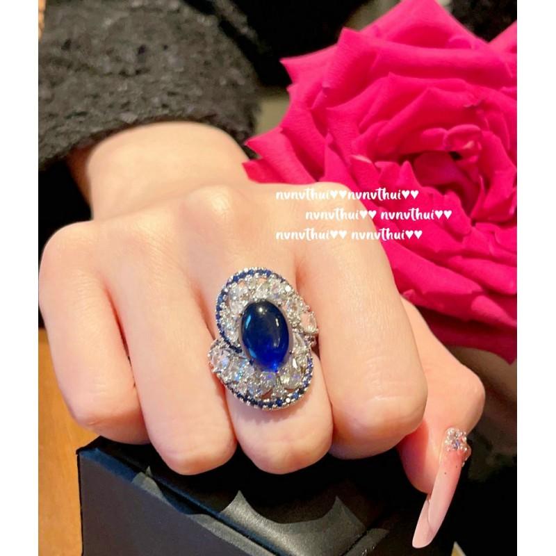 Vintage Floral Open Ring With Deep Sea Blue Cubic Zirconia Swirl Design 18K Gold Plated Womens Adjustable Band