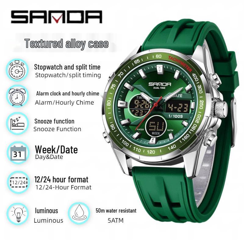 Sanda Men's Waterproof Dual Display Multi-Function Watch with Timer, Snooze, and Night Light.